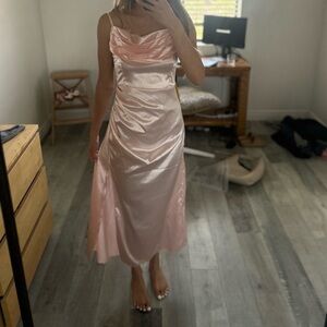 Pink Ruched Cowl Neck Midi Gown